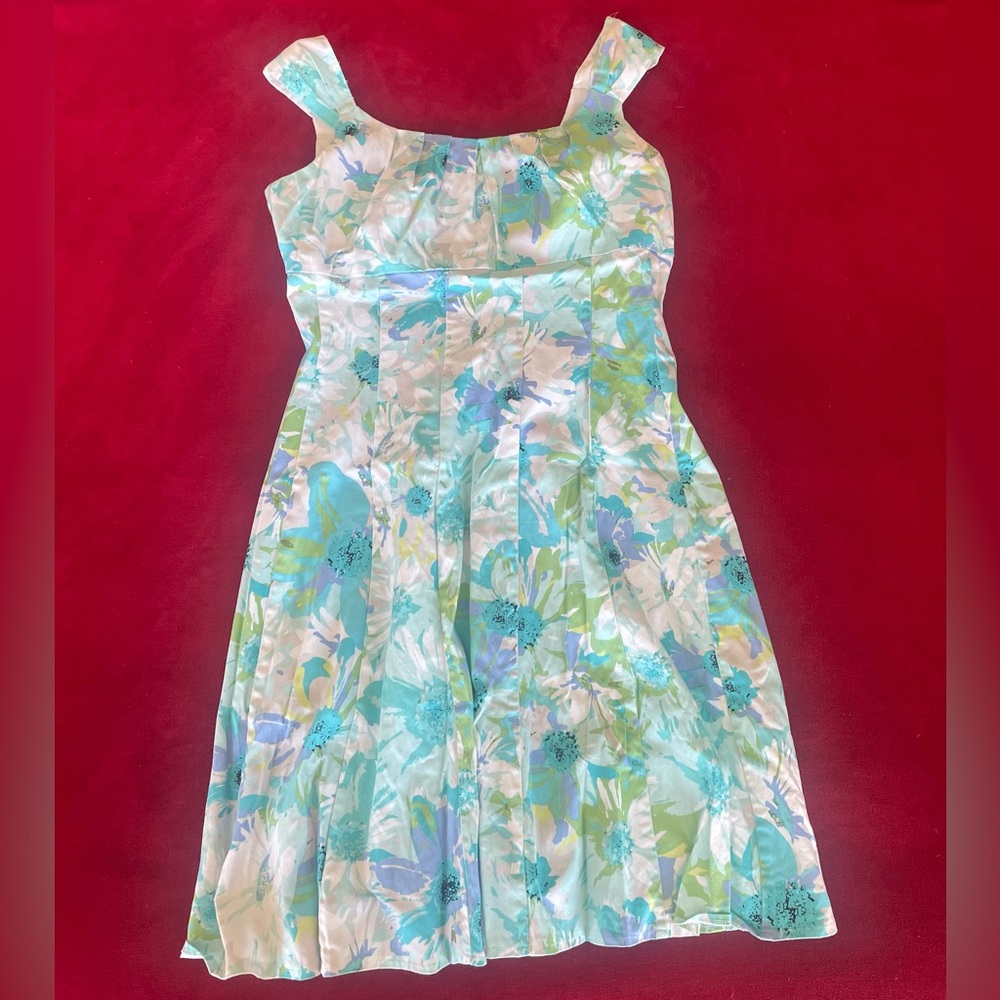 Dressbarn Women's Sleeveless Multicolor Floral Back Zip Pleated Dress Size: 10
